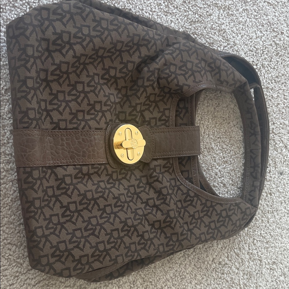 DKNY Brown Patterned Shoulder Bag with Gold Clasp